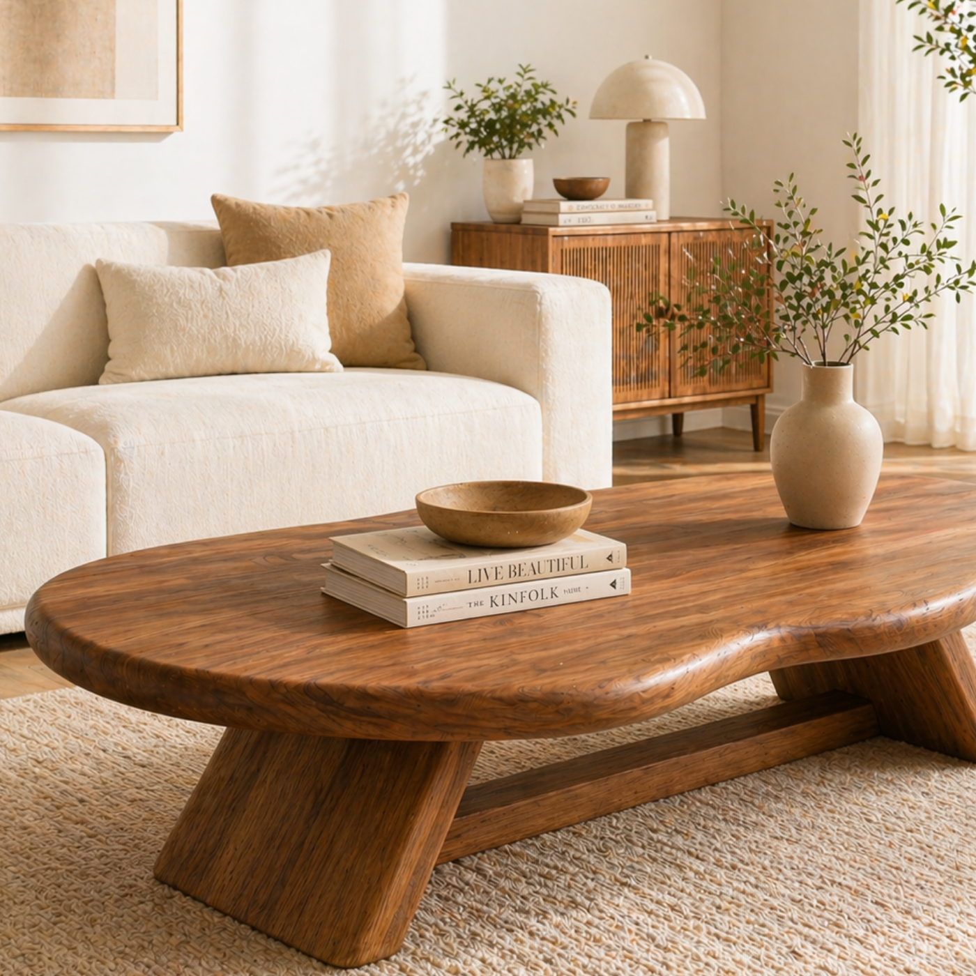 Solid Wood Coffee Table with Organic Oval Top and Angled Base