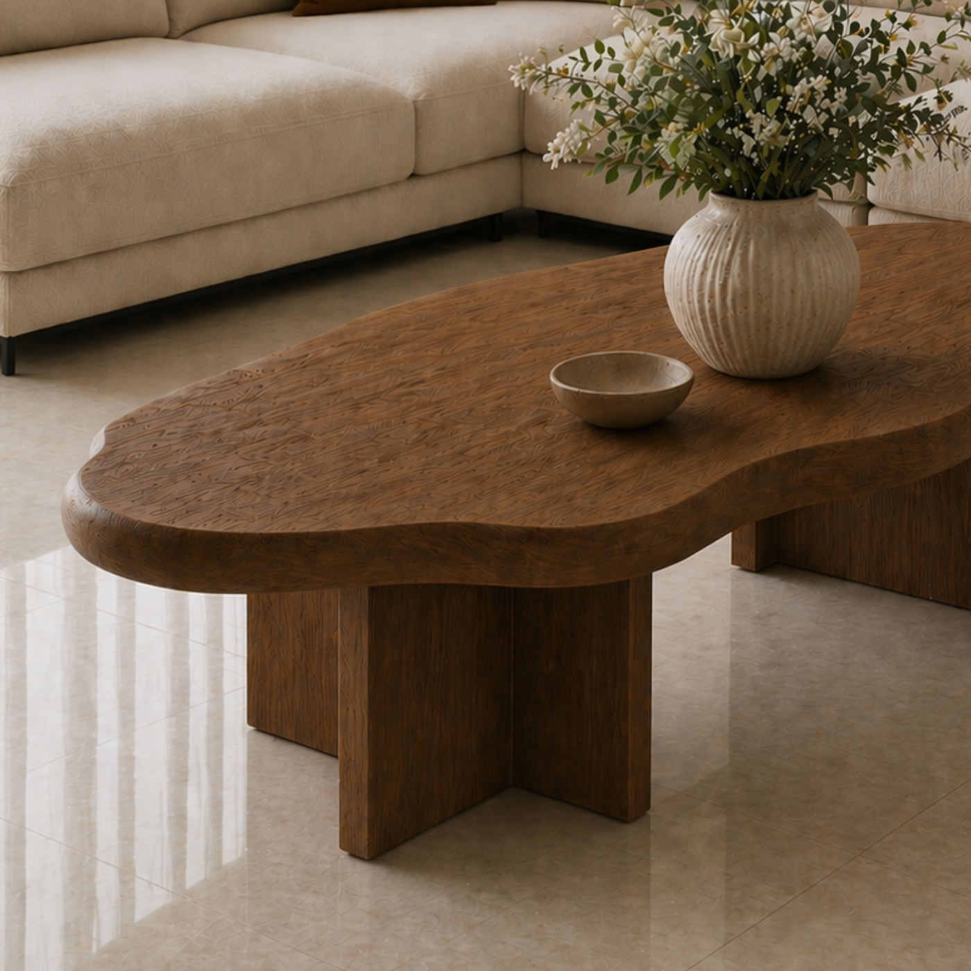 Solid Wood Coffee Table with Organic Shape and Thick Block Base