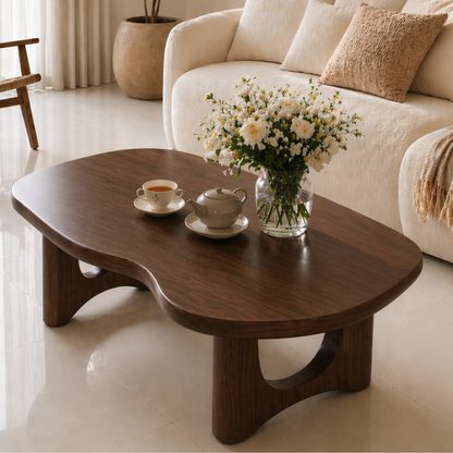 Solid Wood Coffee Table with Organic Shape and Sculpted Base