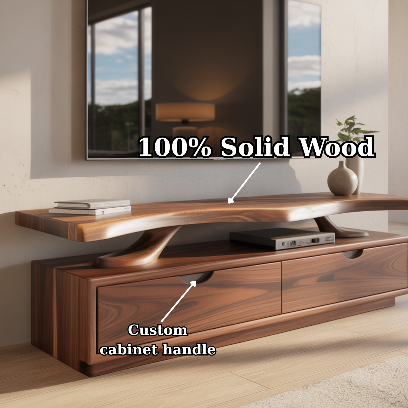 Handcrafted Solid Wood TV Stand with Sculpted Live-Edge Floating Shelf Kitchnce