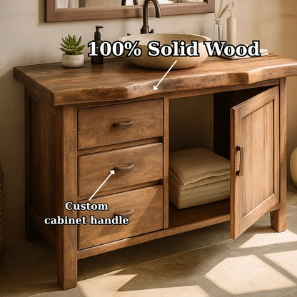 Handcrafted Solid Wood Bathroom Vanity with Live-Edge Top and Storage Drawers Kitchnce