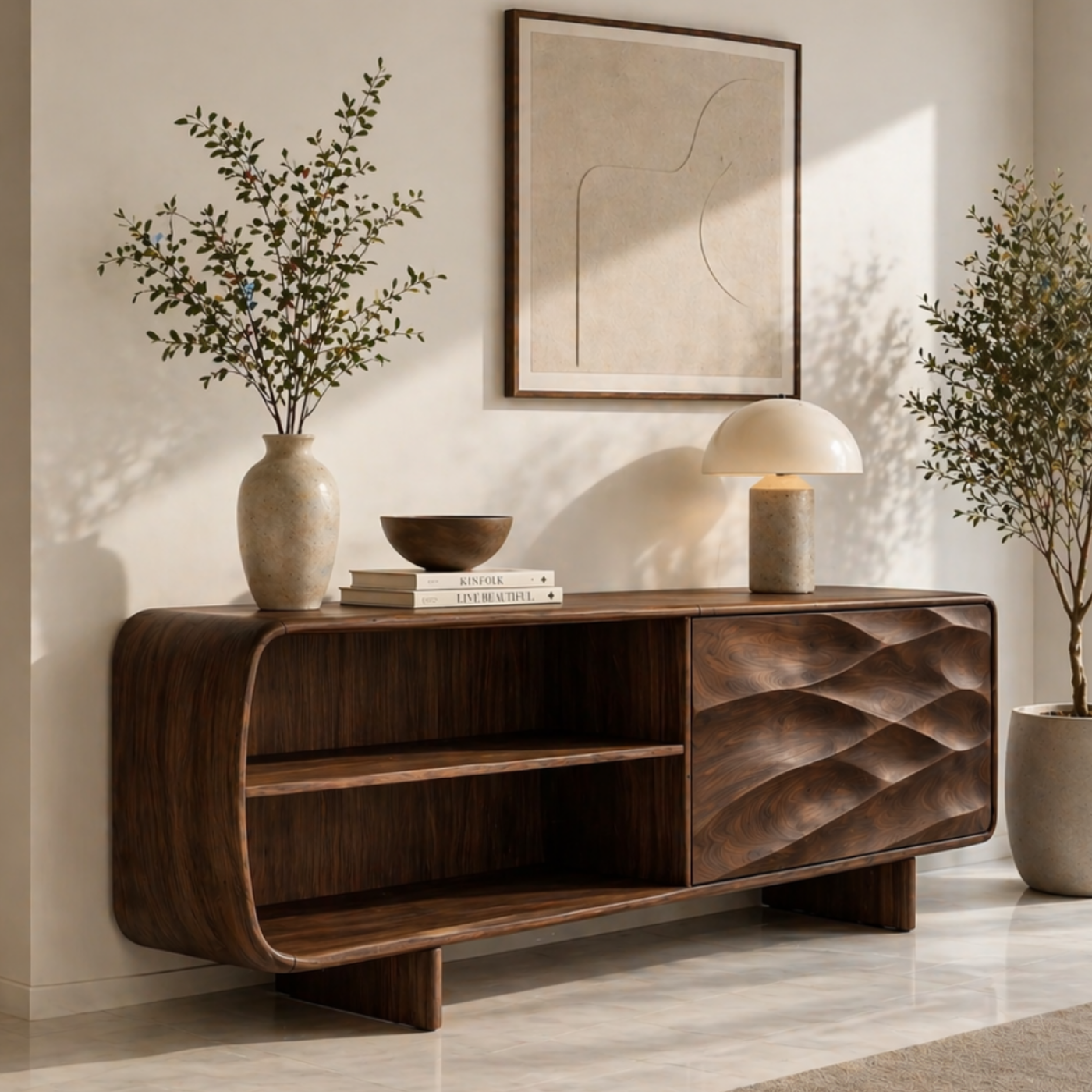 Solid Wood TV Stand with Curved Frame and Wave Carved Door in Walnut Finish