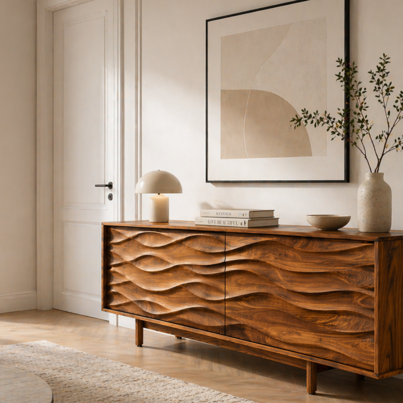 Solid Wood TV Stand with Sculpted Wave Carved Doors in Rich Walnut Finish