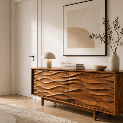 Solid Wood TV Stand with Sculpted Wave Carved Doors in Rich Walnut Finish