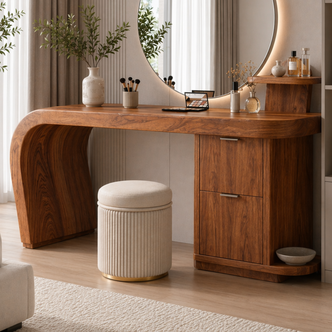 Solid Wood Makeup Vanity Desk with Curved Base and Storage Cabinet