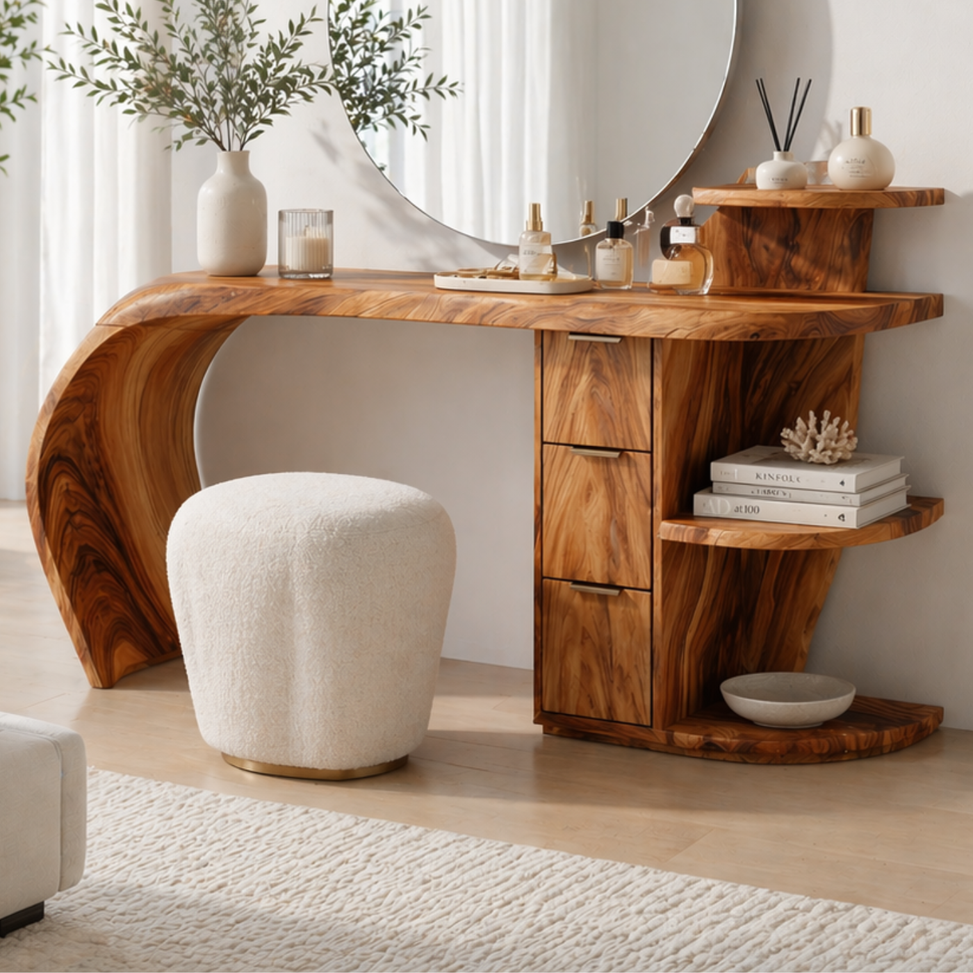 Solid Wood Makeup Vanity Desk with Sculptural Curved Design and Storage Drawers