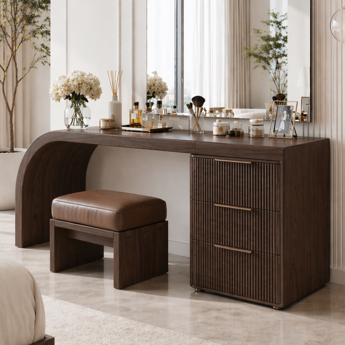 Solid Wood Makeup Vanity Desk with Curved Base and Fluted Drawer Cabinet
