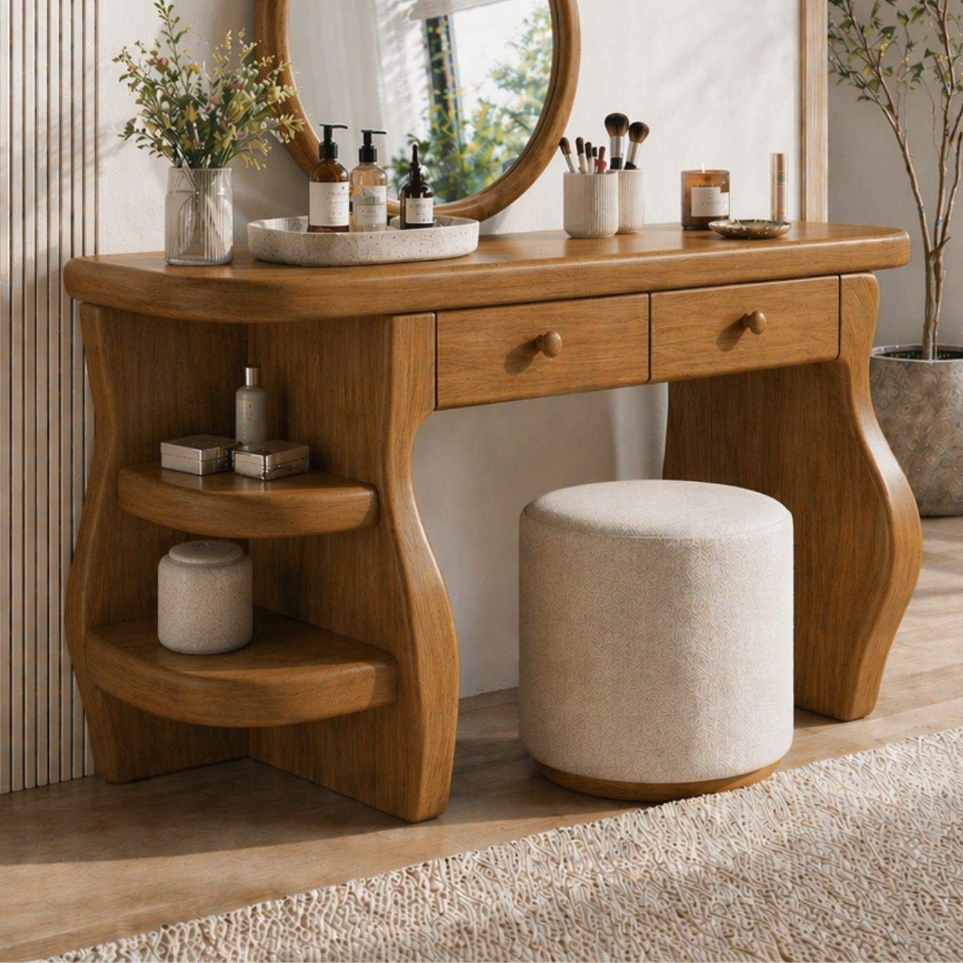Solid Wood Makeup Vanity Desk with Sculptural Curved Base and Double Drawers