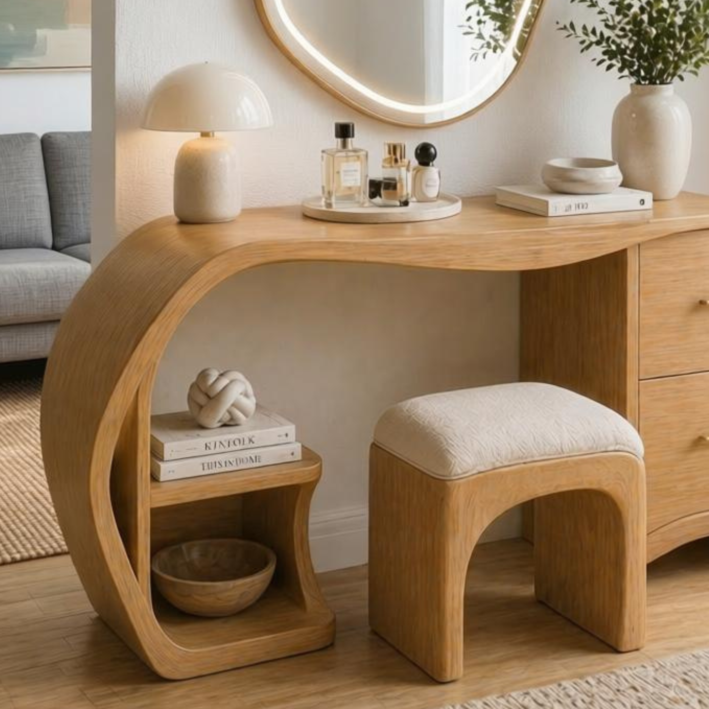 Solid Wood Makeup Vanity Desk with Curved Design and 2 Drawers