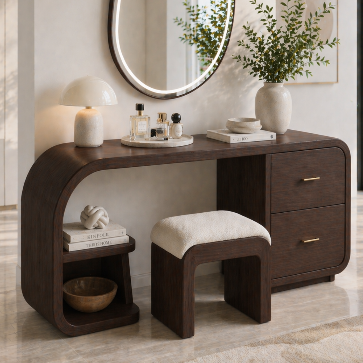 Solid Wood Makeup Vanity Desk with Curved Design and 2 Drawer Storage