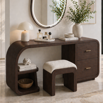 Solid Wood Makeup Vanity Desk with Curved Design and 2 Drawer Storage