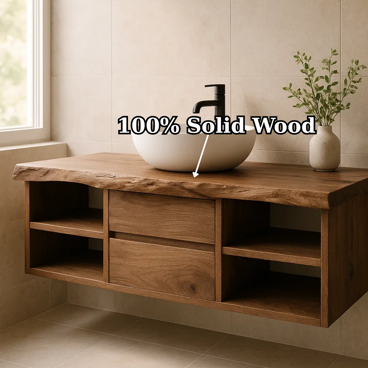 Handcrafted Solid Wood Floating Vanity - Live Edge Console with Central Drawers & Open Shelving Kitchnce