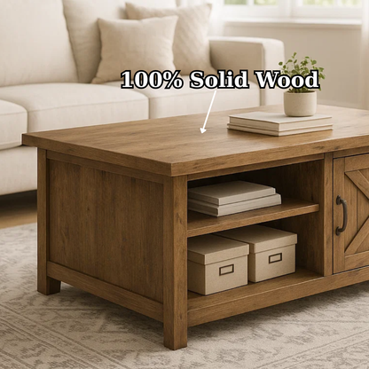 Handcrafted Solid Wood Coffee Table – Farmhouse Style with Storage Drawer and Shelves