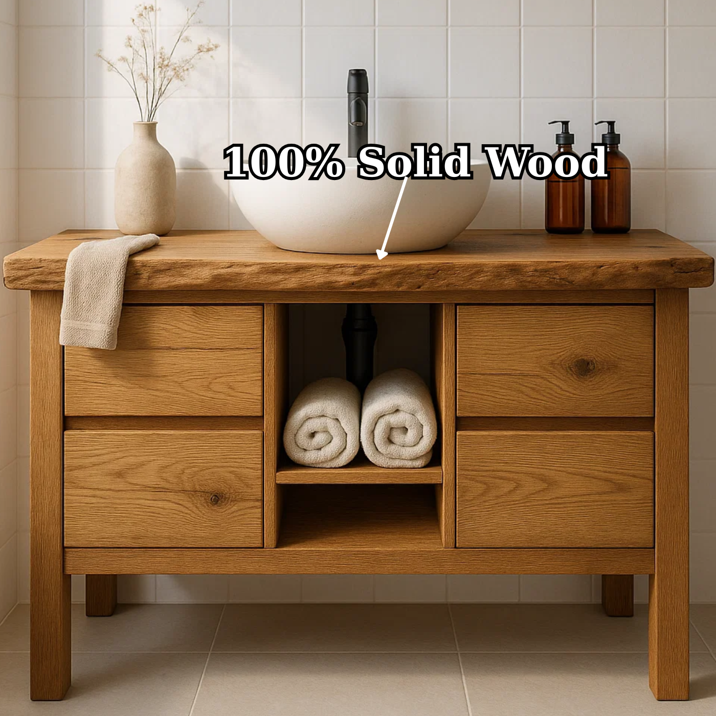 Handcrafted Solid Wood Bathroom Vanity - Live Edge Top with Drawers & Open Shelf Storage Kitchnce