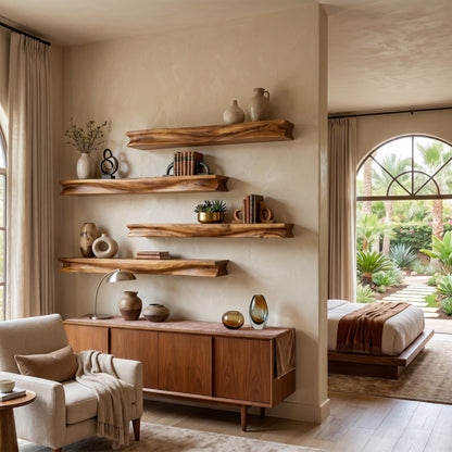 Layered Wood Wall-Mounted Shelf With Sculptural Display