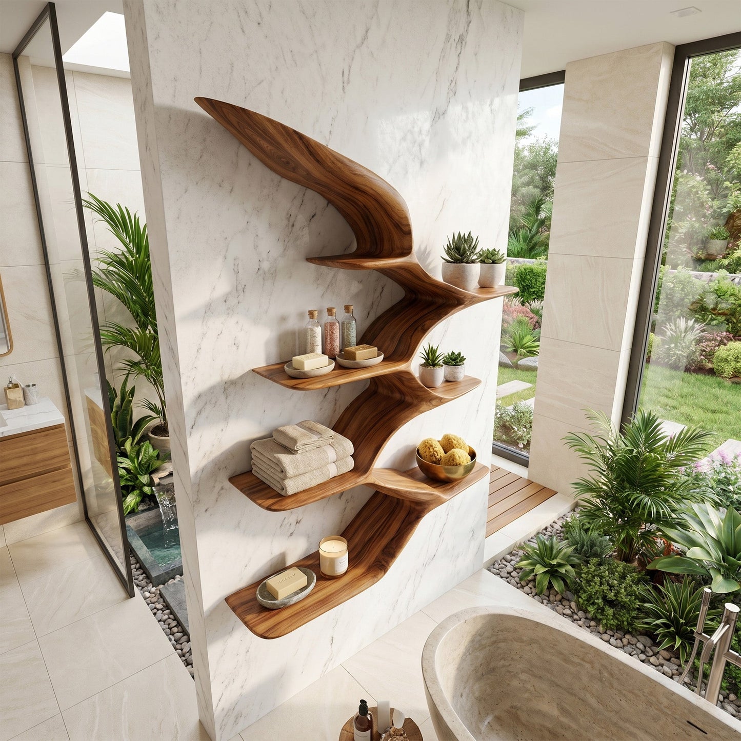 Wing Form Wood Wall Shelf With Curved Open Display