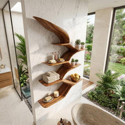 Wing Form Wood Wall Shelf With Curved Open Display