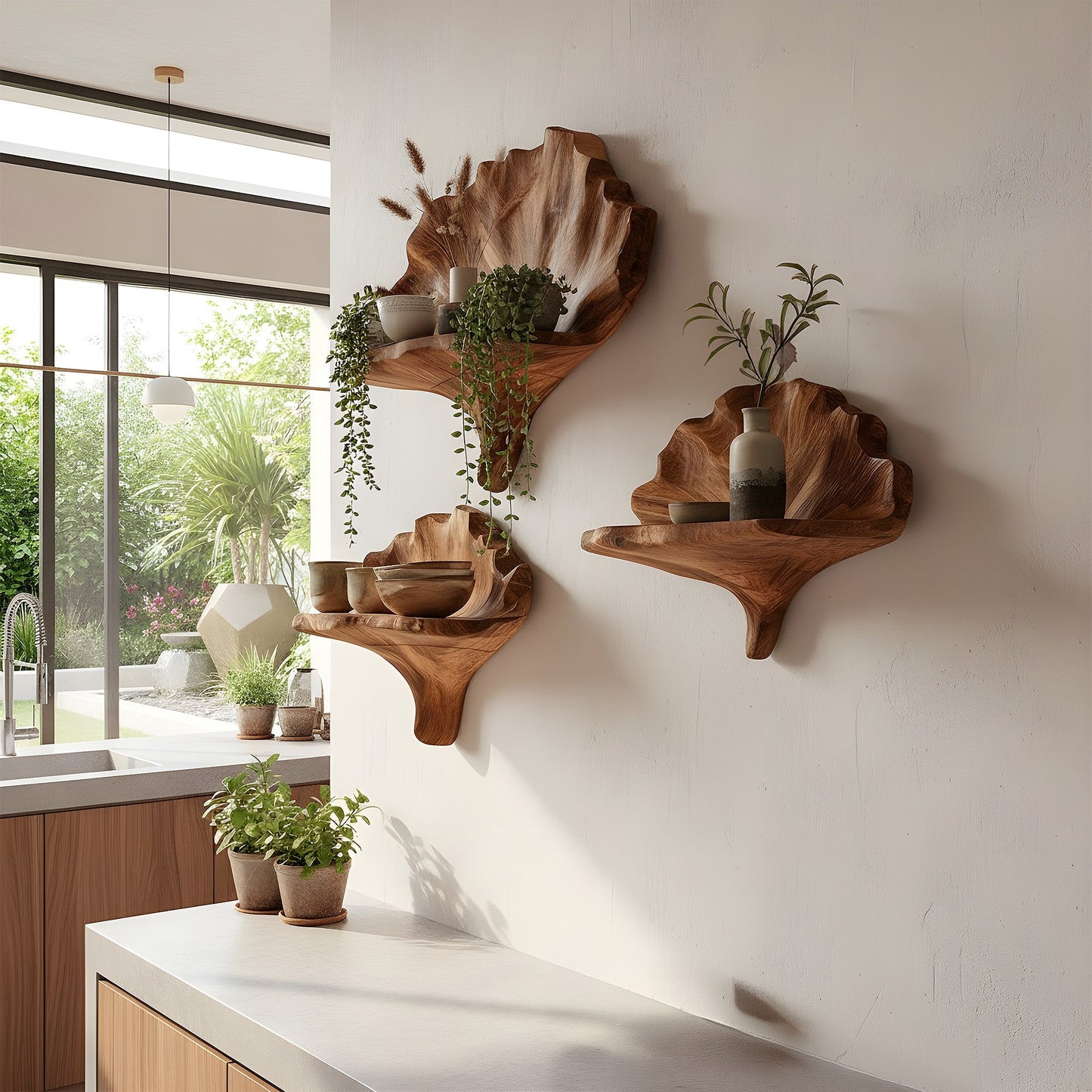 Sculptural Floating Wall Shelf Set in Natural Wood with Layered Organic Form