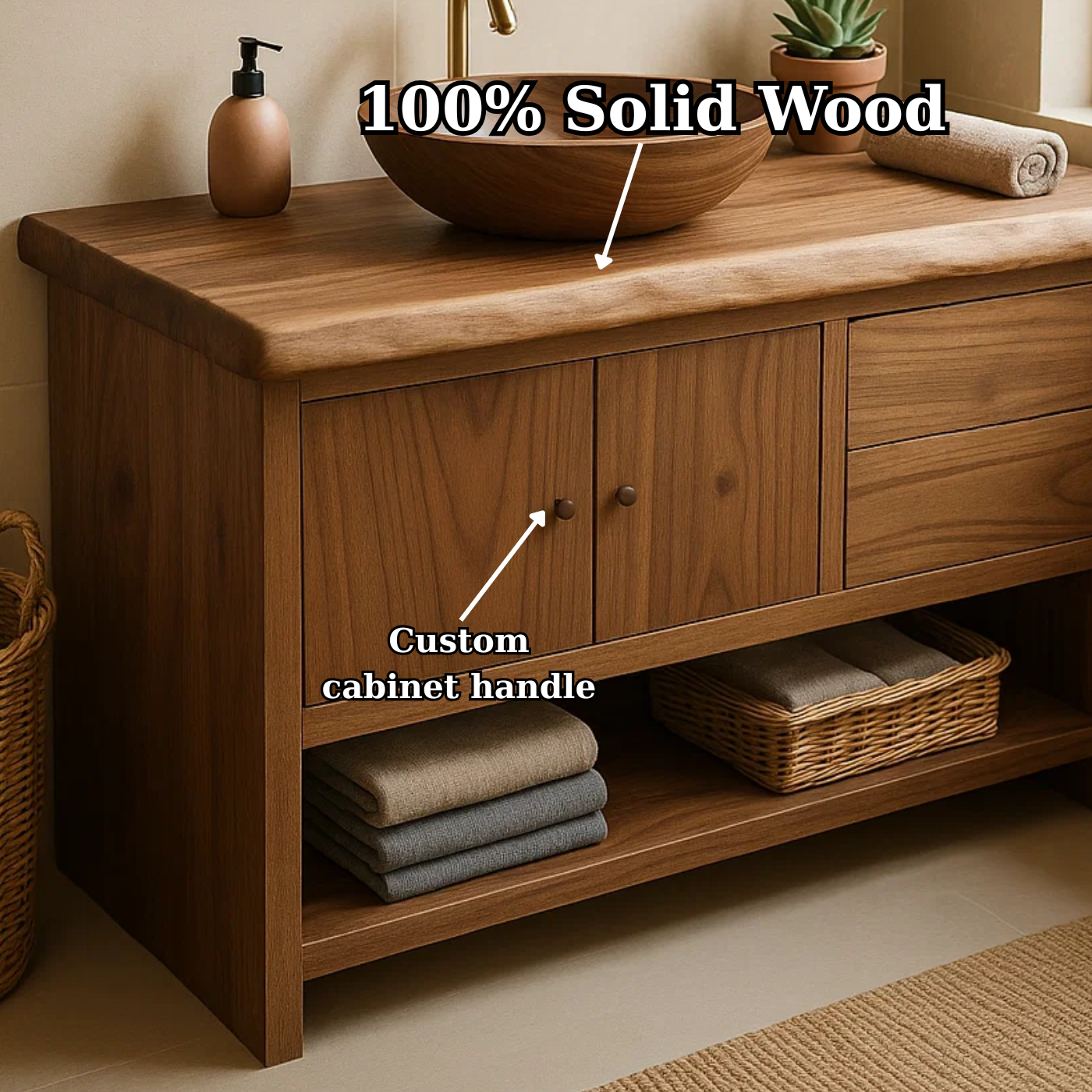 Handcrafted Solid Wood Bathroom Vanity with Live Edge Walnut Top and Storage Cabinet