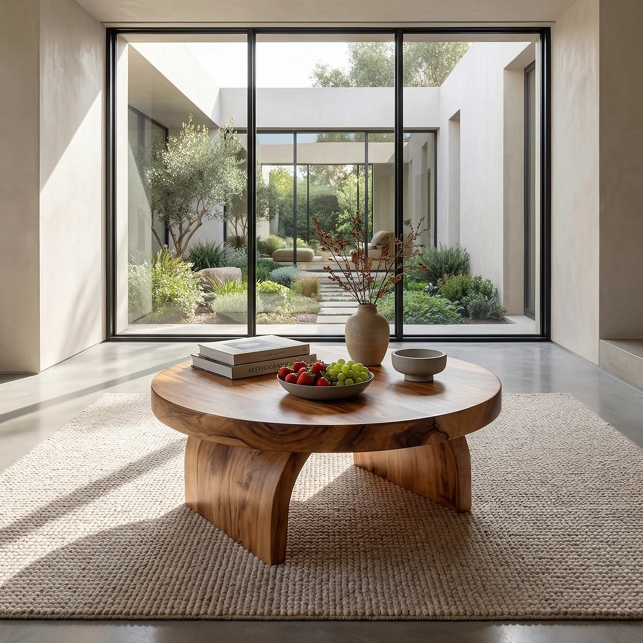 Round Solid Wood Coffee Table with Sculptural Block Base