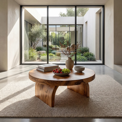 Round Solid Wood Coffee Table with Sculptural Block Base