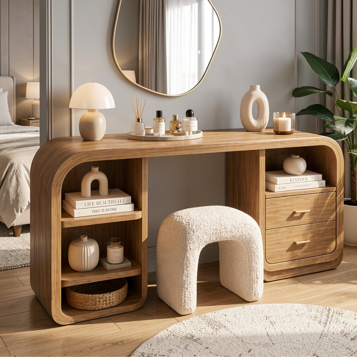 Solid Wood Makeup Vanity Desk with Rounded Design and Drawer Storage