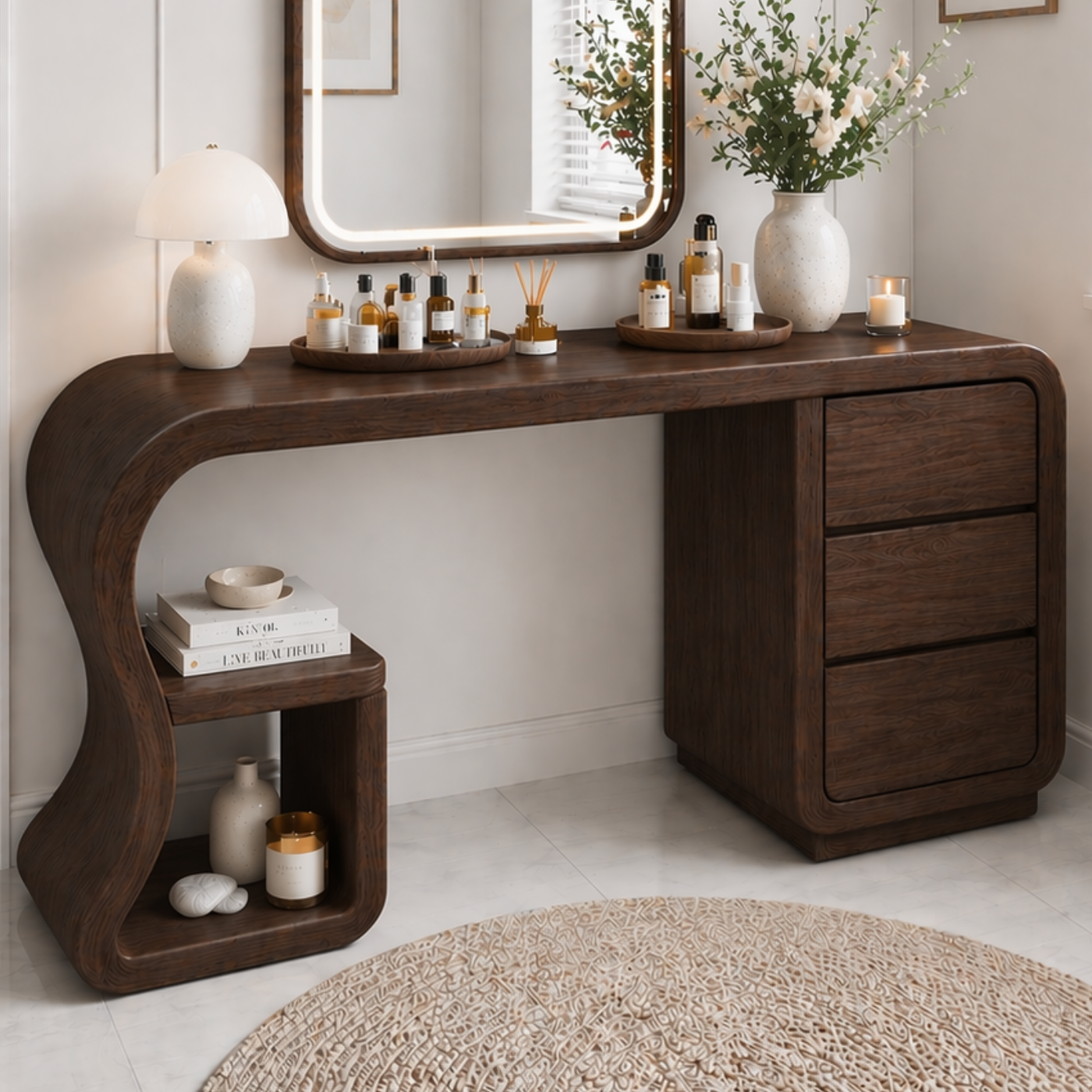 Solid Wood Makeup Vanity Desk with Curved Design and 3 Drawer Storage