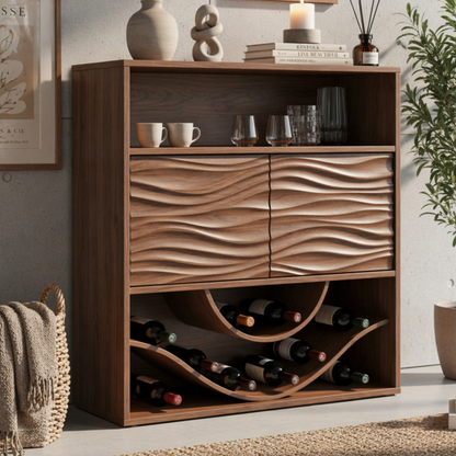 Solid Wood Wine Cabinet with Wave Carved Doors and Open Bottle Storage