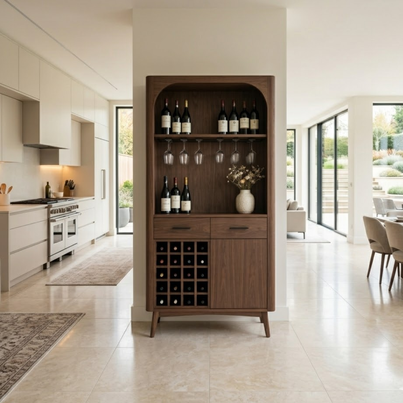 Solid Wood Wine Cabinet with Open Shelves, Glass Holder and Bottle Rack