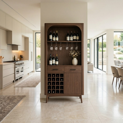 Solid Wood Wine Cabinet with Open Shelves, Glass Holder and Bottle Rack