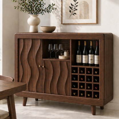 Solid Wood Wine Cabinet with Wave Carved Doors and Built-in Bottle Storage