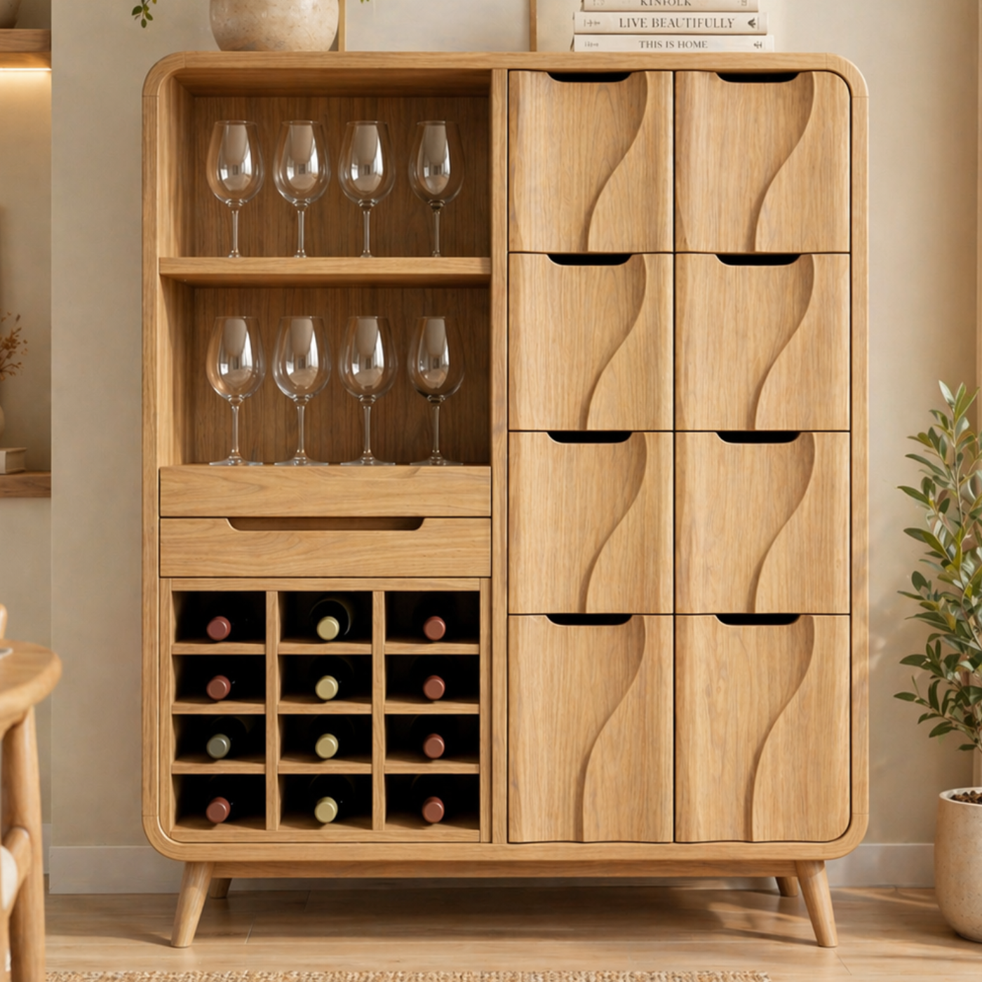 Solid Wood Wine Cabinet with Wave Carved Drawers and Glassware Storage