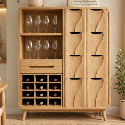 Solid Wood Wine Cabinet with Wave Carved Drawers and Glassware Storage
