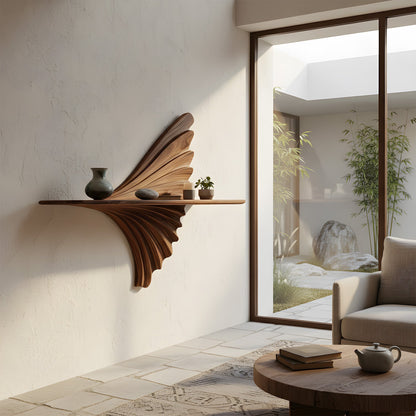 Fan Sculptural Floating Wall Shelf in Natural Wood