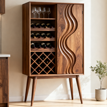 Solid Wood Wine Cabinet with Wave Carved Door and Bottle Storage Rack
