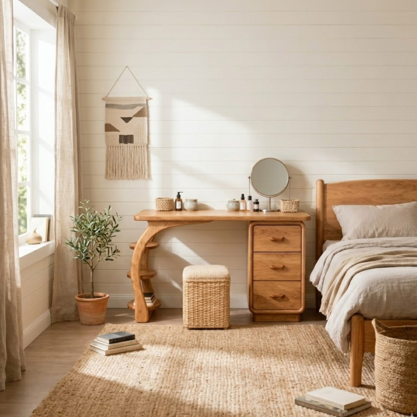 Solid Wood Makeup Vanity Desk with Curved Side Shelves and Drawer Storage