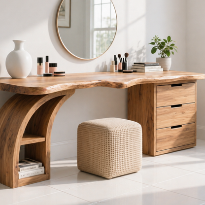 Solid Wood Makeup Vanity Desk with Live Edge Top and Curved Sculptural Base