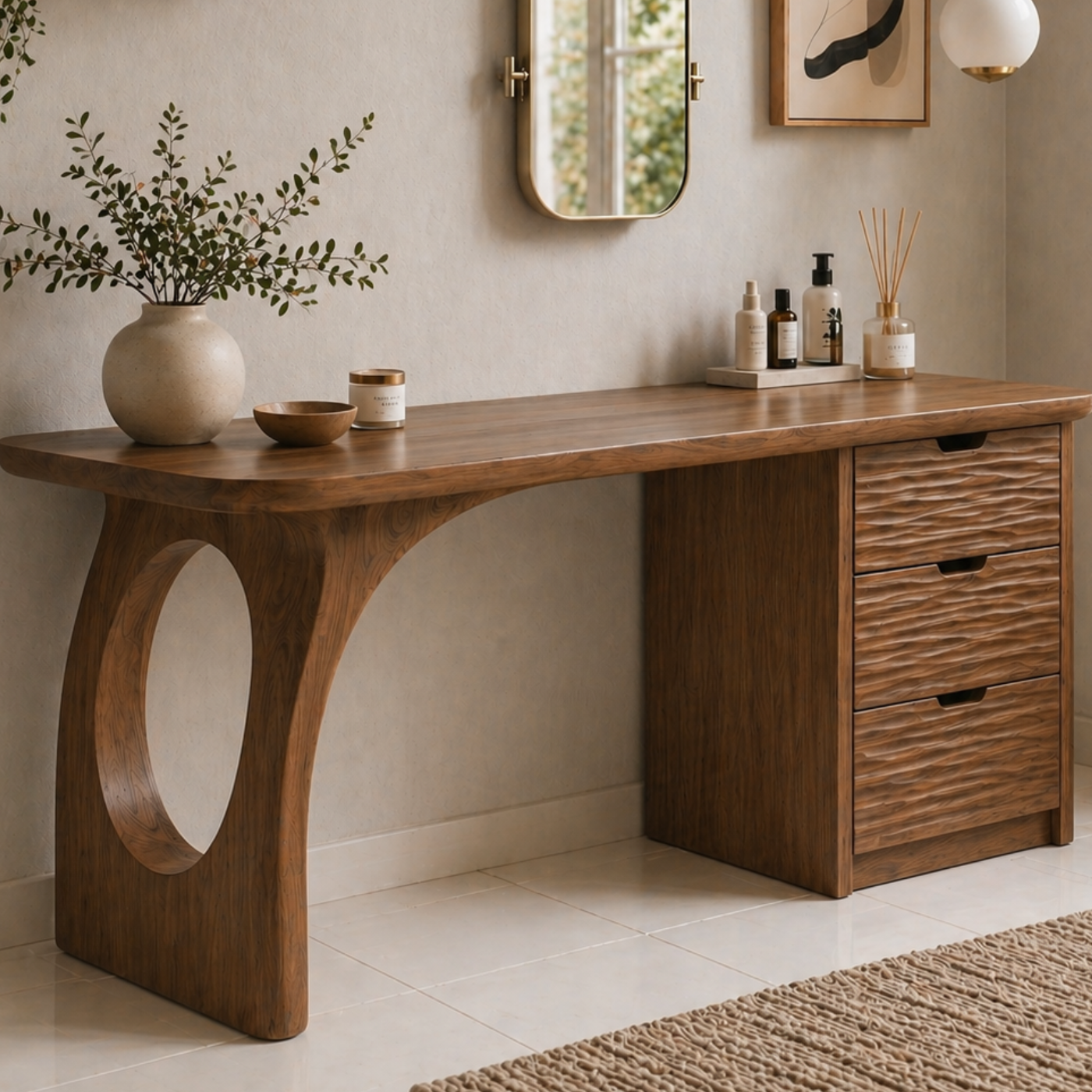 Solid Wood Makeup Vanity Desk with Sculptural Base and Textured Drawers