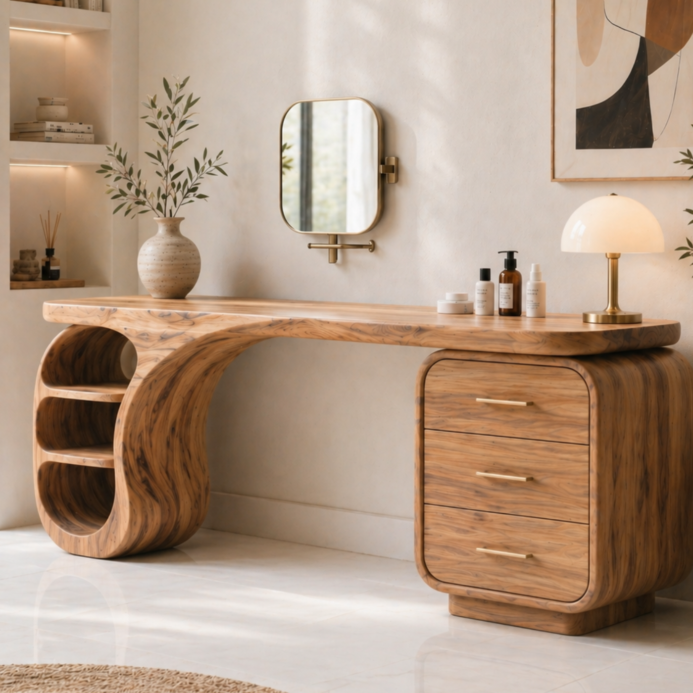 Solid Wood Makeup Vanity Desk with Sculptural Curved Base and Drawer Storage