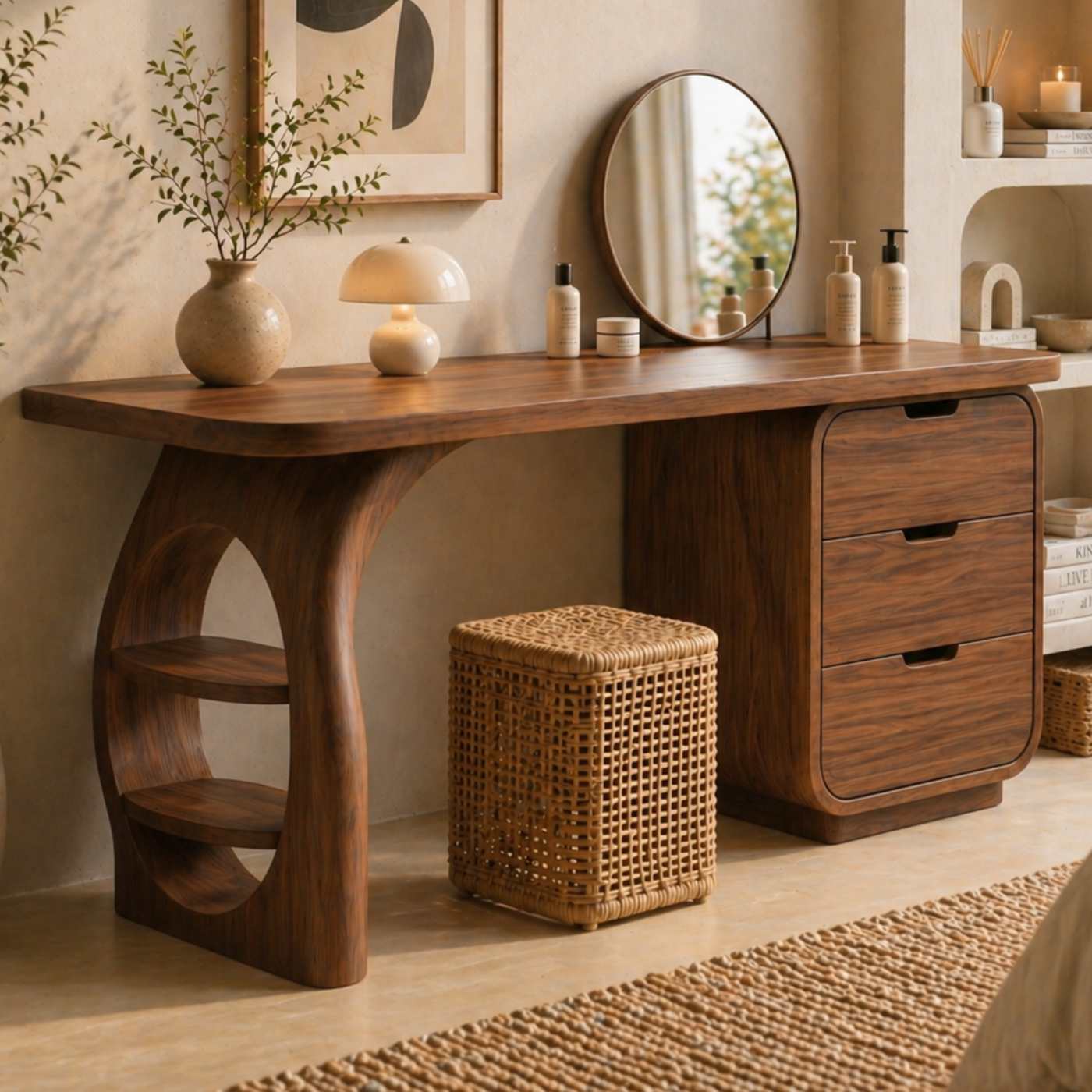 Solid Wood Makeup Vanity Desk with Sculptural Base and Drawer Storage
