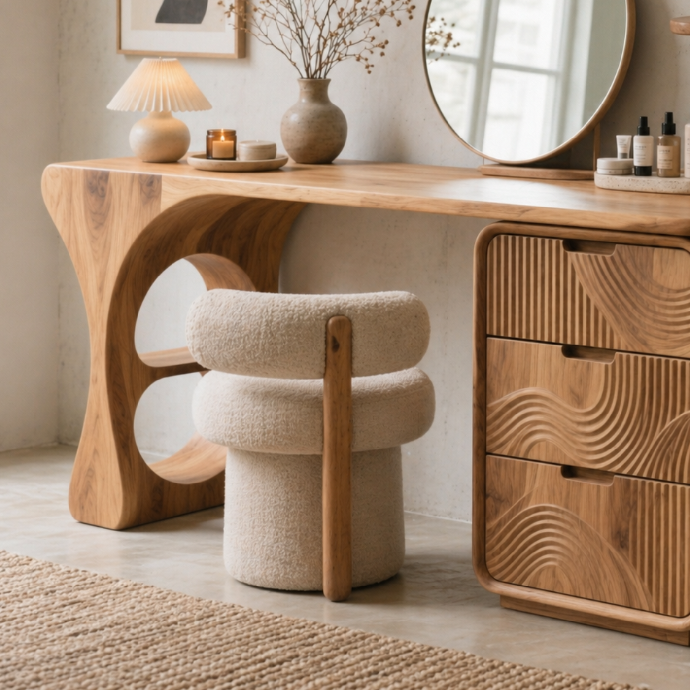 Solid Wood Makeup Vanity Desk with Sculptural Base and Carved Drawer Fronts