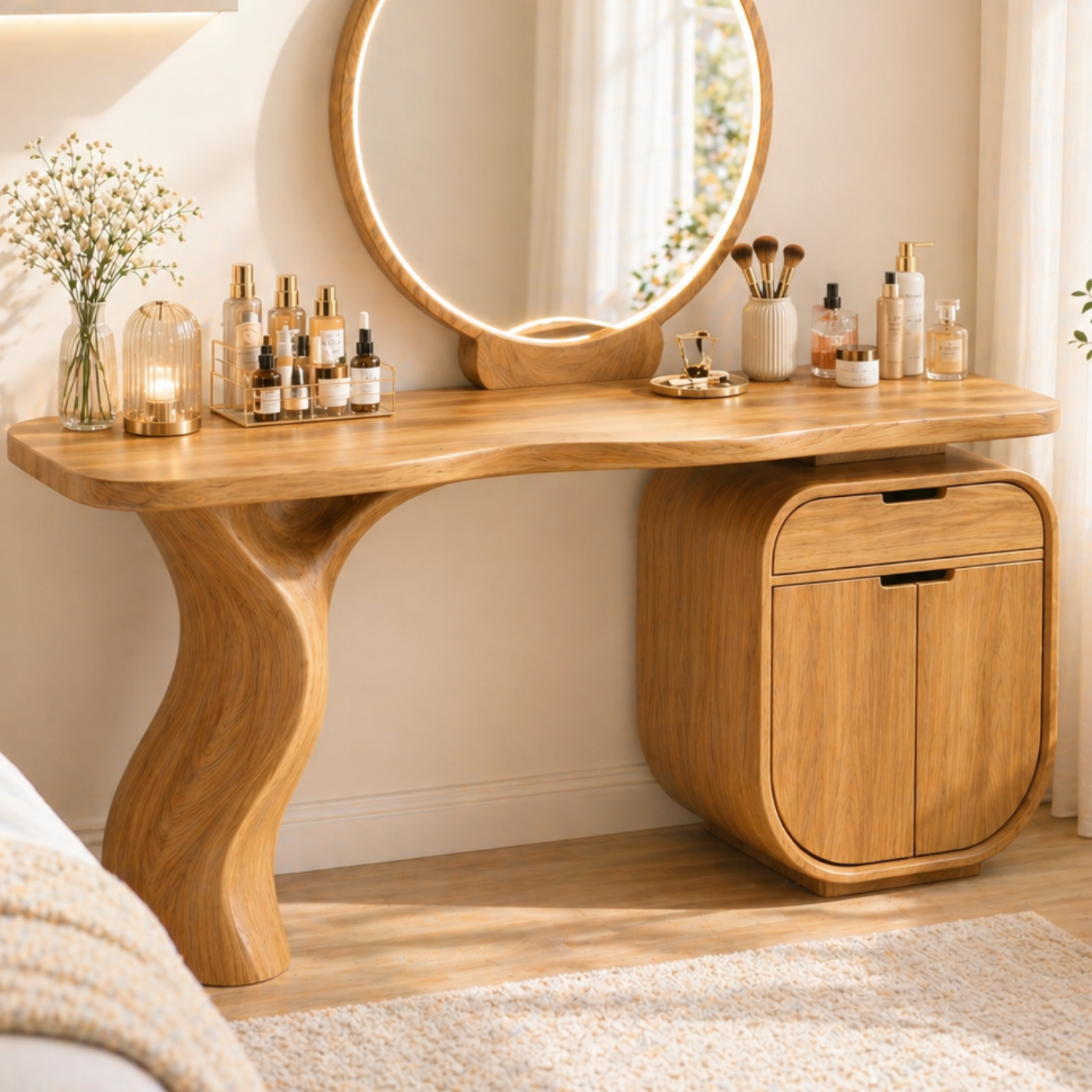 Solid Wood Makeup Vanity with Curved Leg and Storage Cabinet