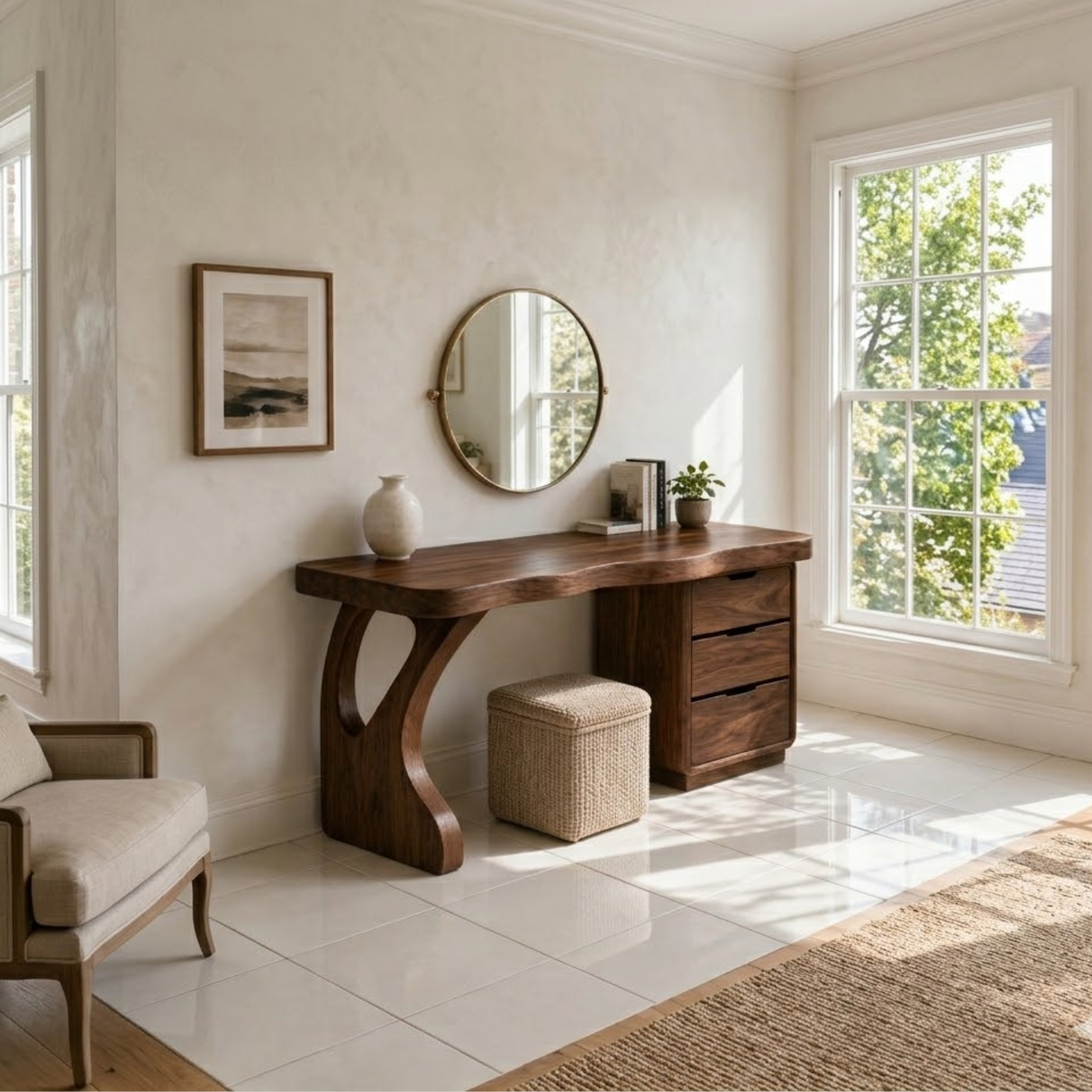 Solid Wood Makeup Vanity with Curved Leg and 3 Drawer Storage