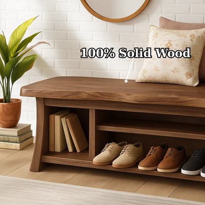Handcrafted Solid Wood Walnut Bench – Organic Design with Integrated Shelving Kitchnce