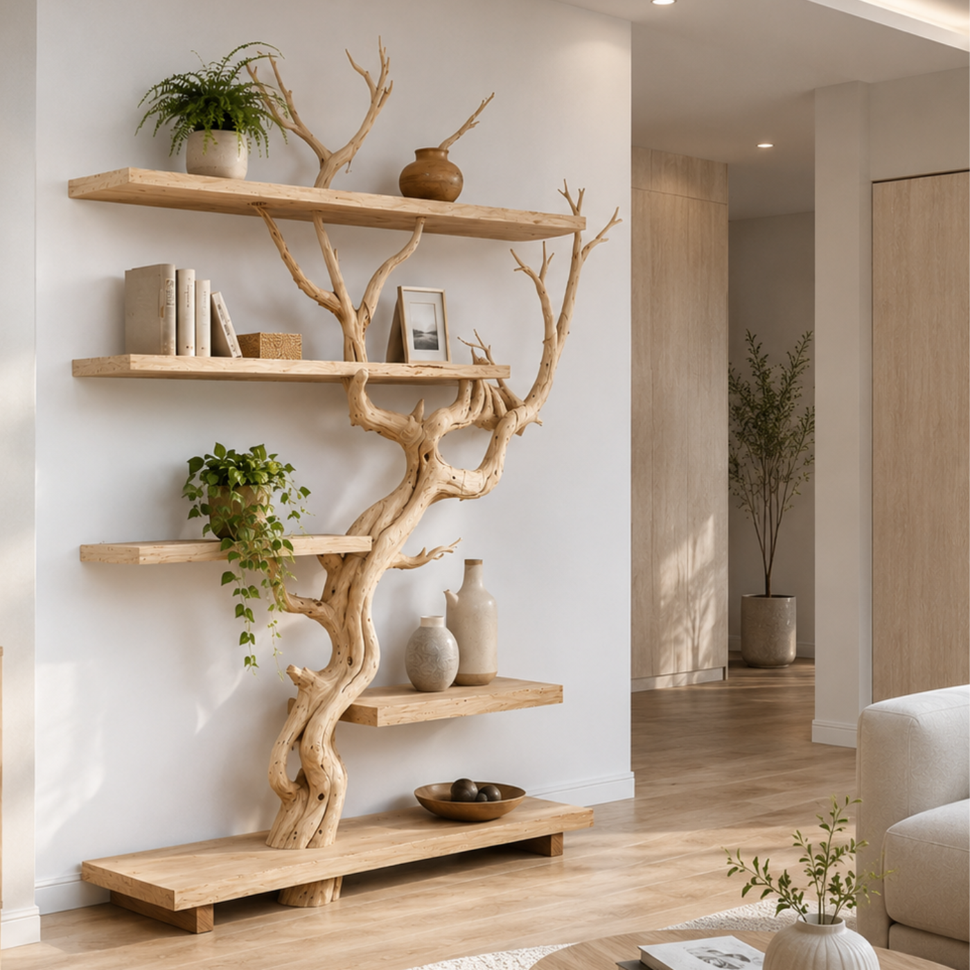 Handcrafted Solid Wood Tree Room Divider Bookshelf with Floating Shelves