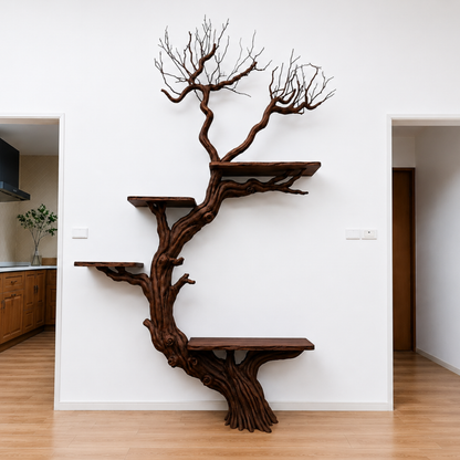 Handcrafted Solid Wood Tree Wall Shelf with Twisted Branch Design