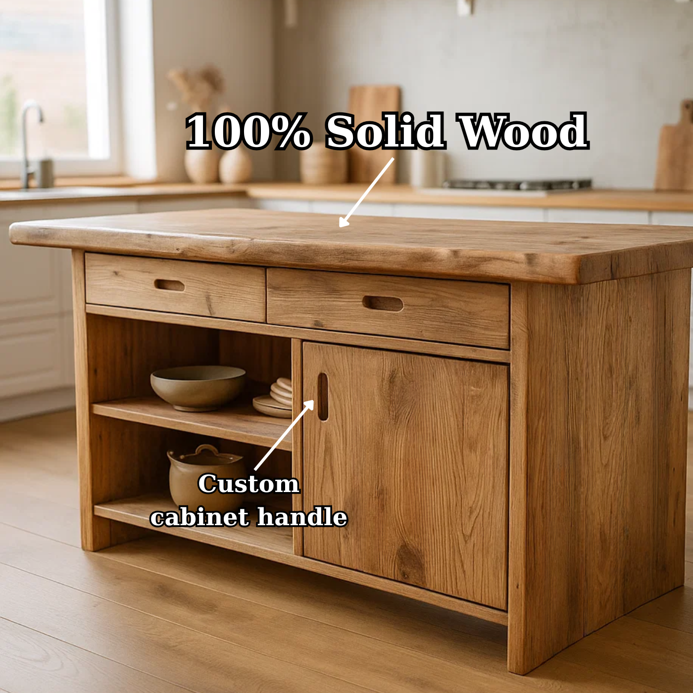 Handcrafted Solid Wood Kitchen Island with Open Shelves and Sliding-Door Storage Kitchnce
