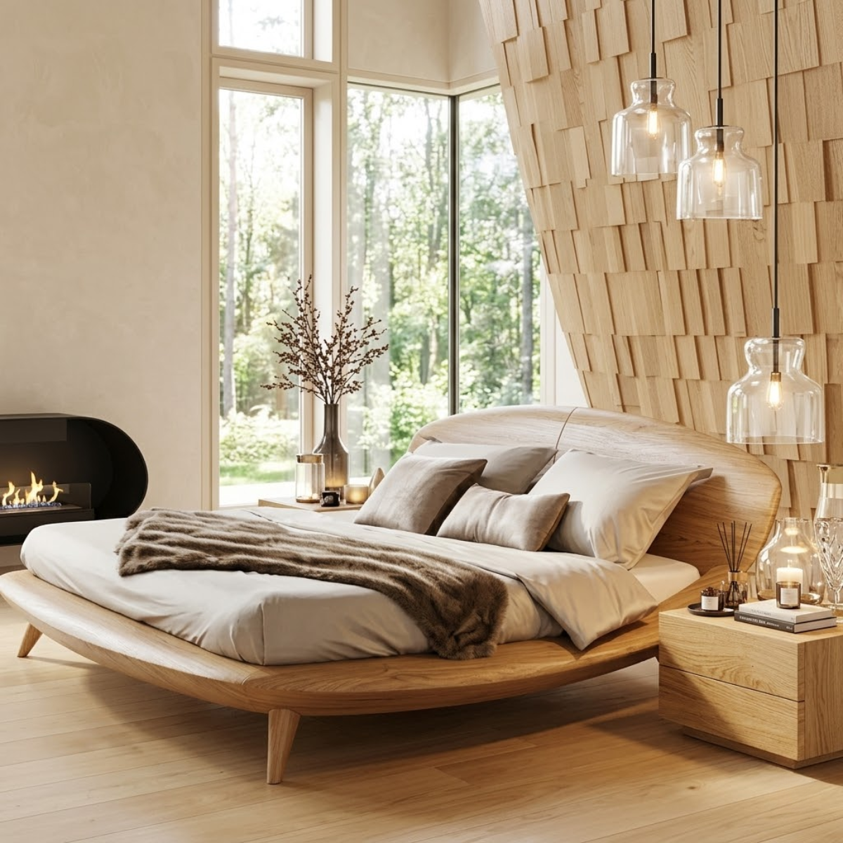 Modern Curved Platform Bed Frame, Minimalist Luxury Bedroom Furniture Decor Set