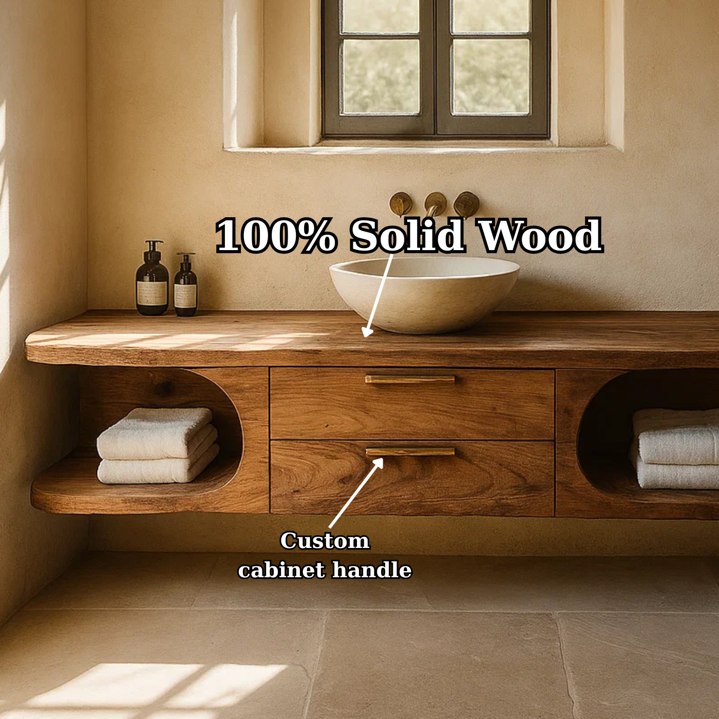 Handcrafted Solid Wood Floating Vanity - Organic Console with Curved Edges and Storage Nooks Kitchnce
