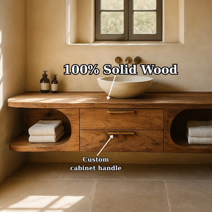 Handcrafted Solid Wood Floating Vanity - Organic Console with Curved Edges and Storage Nooks Kitchnce
